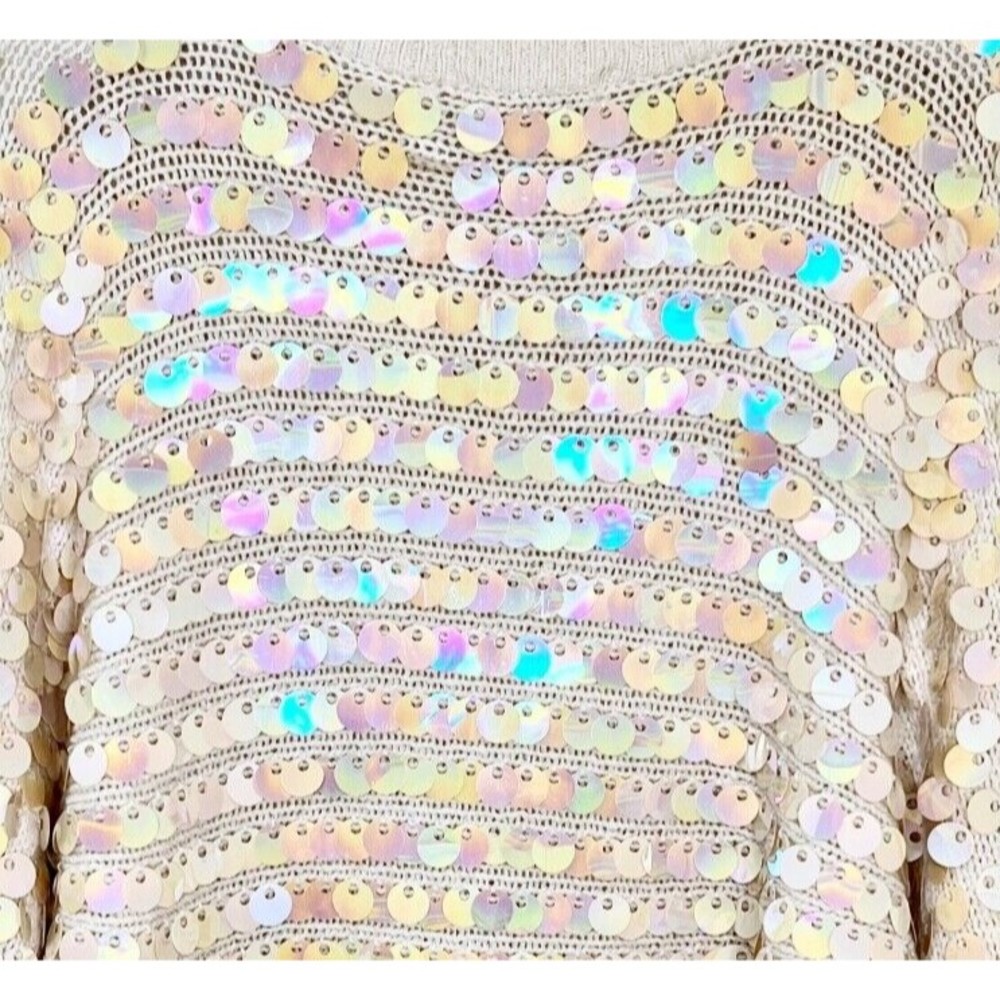 Vintage Semplice Pailette Sequin Dolman Sleeve Cream Sweater 1980s 80s Medium - Picture 4 of 5